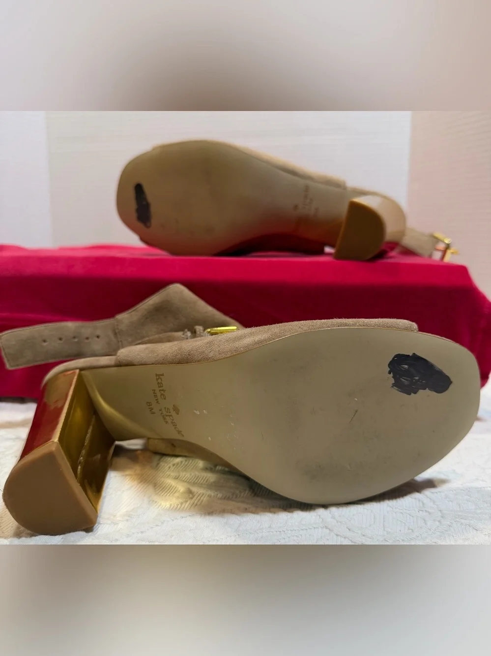 Kate Spade New York Beige Suede Open Toe Gold Block Heel Slingback Sandals 8M